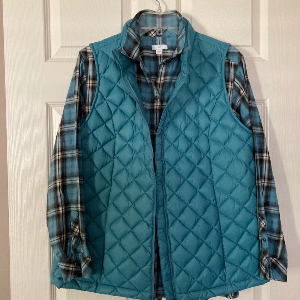 J. Jill Teal Quilted Vest over Teal Plaid Shirt
